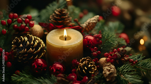 un arreglo o corona navideña con un cirio o vela encendida con ramas de pinto y piñas de pino decorativas de navidad fondo de navidad