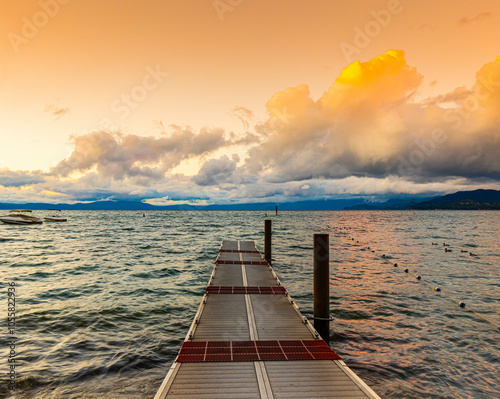 Cloudy Sunset Over Floating Pier on Eldorado Beach, South Lake Tahoe, California, USA