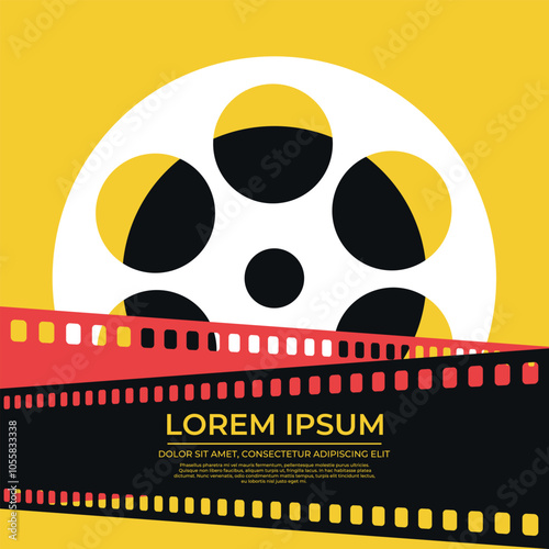 Movie premiere template design with film reel and film strip. Bright movie film poster retro style background with text. Vector illustration