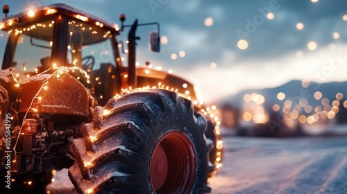 Farmer decorating a tractor with Christmas lights in a snowy field, festive atmosphere in the countryside