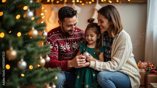 Joyful Family Decorating Christmas Tree: Perfect for Holiday Ads, Greeting Cards, and Family-Oriented Campaigns