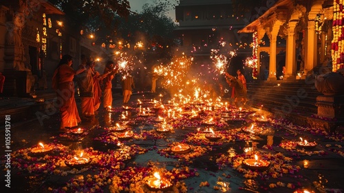 A festive Diwali celebration with families lighting diyas and setting off sparklers in their courtyard. The colorful decorations, traditional attire, and joyous smiles embody the spirit of the 