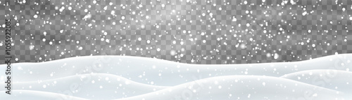 Snow flakes, snow and blizzard falling on snowdrifts. Snow landscape decoration, frozen hills isolated on png background. Vector heavy snowfall with snowbanks field. Christmas vector illustration