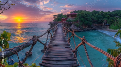 Panoramic view of the pedestrian bridge to Luk Lom Beach, Koh Samet at sunrise