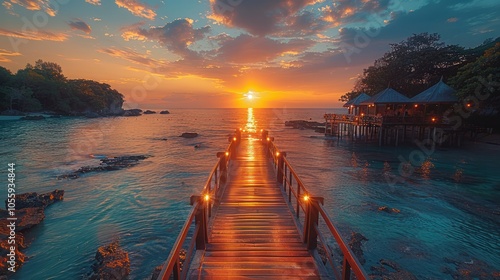 Panoramic view of the pedestrian bridge to Luk Lom Beach, Koh Samet at sunrise