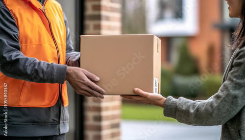 Delivery person handing a package to a recipient at their home entrance.