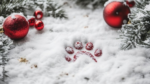 A paw print is in the snow next to a red ball and a bunch of red balls