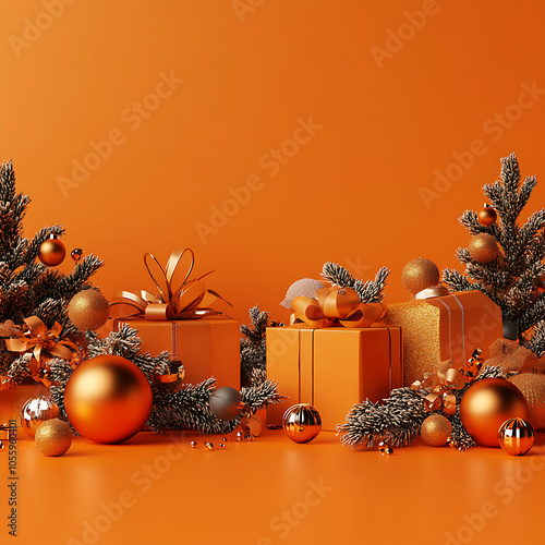 3D rendering of an orange Christmas background with Christmas gifts, Christmas balls, and decorations, copy space on the left, festive and vibrant,