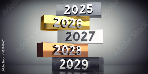 2025, 2026, 2027, 2028, 2029 - words on metal blocks - 3D illustration