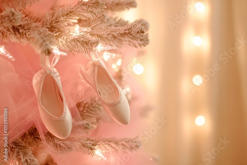 Ballet core Christmas: xmas tree adorned with delicate ballet slippers, pink tulle, and soft lights, creating a Balletcore aesthetic, minimal background with copy space