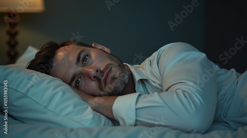 Man lying in bed with restless eyes wide open, struggling to fall asleep.