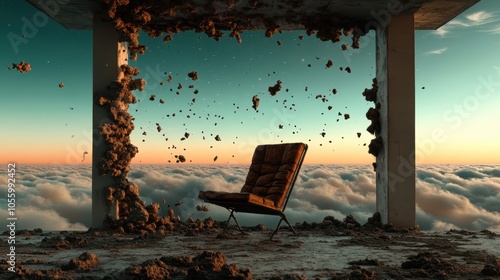 A chair is remarkably suspended amidst floating debris above cloud cover, blending surrealism with tranquility, and evoking thoughts of solitude and reflection.