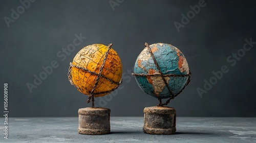 Two globes with reversed magnetic poles creating an intriguing visual display of attraction and repulsion