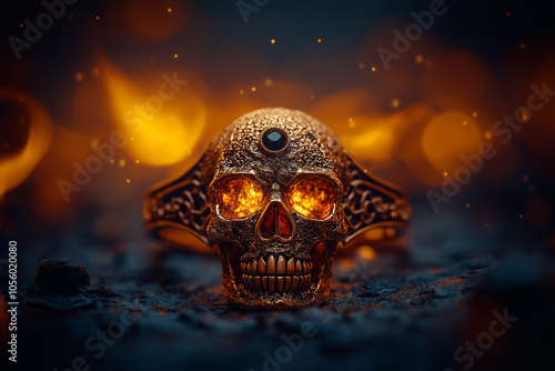 Gold ring in a human skull form with a precious stone in close up background.