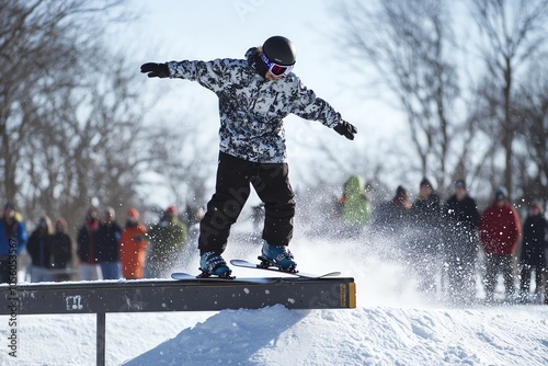 Snowboardeur sur rail dans un snowpark urbain 