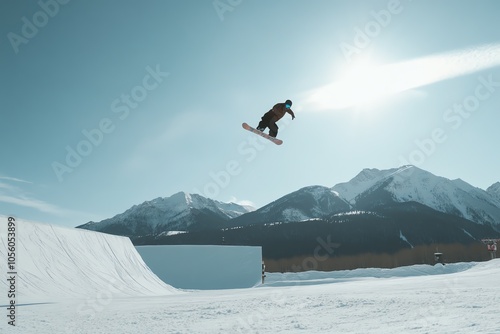 Snowboardeur exécutant un saut acrobatique au-dessus d'un snowpark 