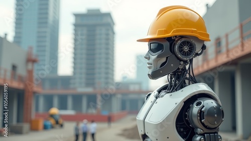 robot worker in yellow helmet stands against background of skyscraper under construction