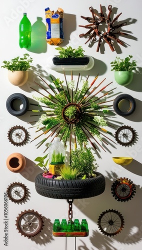 creative wall art display made from upcycled items such as tires, plastic bottles, and metal gears, transformed into planters and decorative pieces