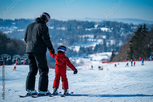 Premier cours de ski entre parent et enfant sur piste débutante 