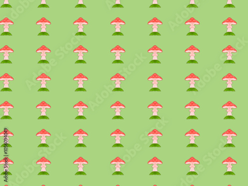 Repeating pattern of small fly agarics with red caps Poisonous hallucinogenic mushroom on light green background. Seamless illustration for Halloween