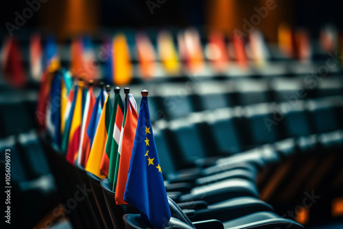 European Parliament Chamber with Empty Seats and Flags of Member States 