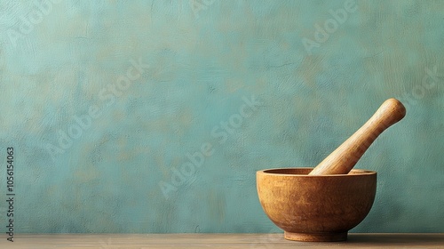  A mortar and pestle in a wooden bowl on a table with a blue painted wall background