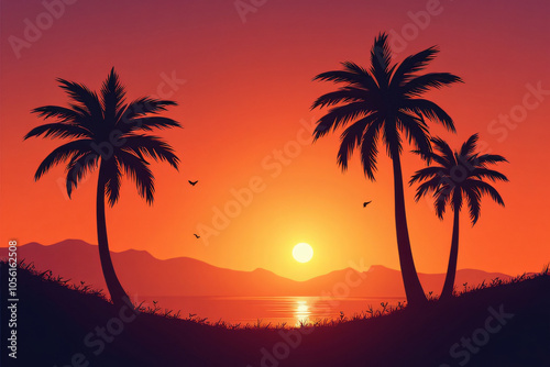 sunset on the beach with palms