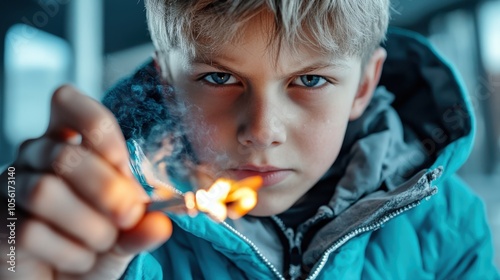 A young boy in a blue jacket intently holds a burning match, focusing on the flame. The image captures a moment of curiosity and caution in a winter setting.