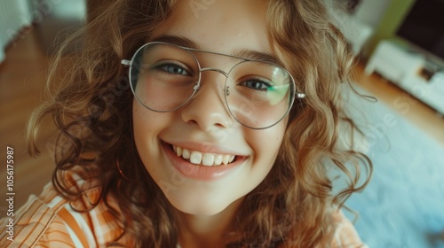 Joyful girl with glasses smiling indoors in bright natural light