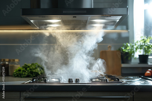 Steam rises from a gas stove in a modern kitchen, with a range hood overhead and fresh herbs nearby.