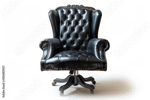 Black leather office chair for executive officer front view isolated on white background