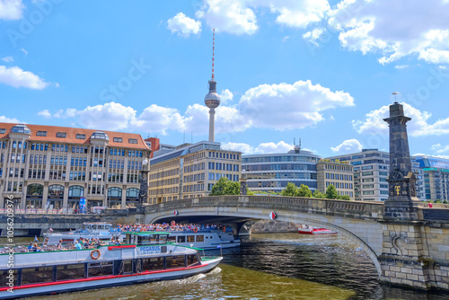 19 August 2024 Berlin (Germany) - August: panorama of the Alexanderplatz in Berlin against blue sky.