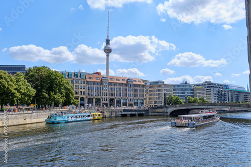 19 August 2024 Berlin (Germany) - August: panorama of the Alexanderplatz in Berlin against blue sky.