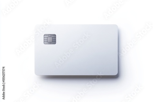 Sleek, minimalistic bank card facing the viewer on a clean white background, modern design with no unnecessary details, featuring a small logo and chip, centered with soft lighting creating