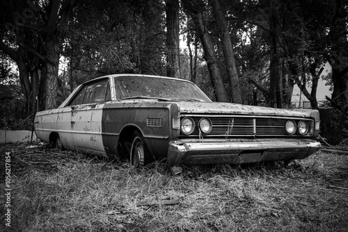 Monterey Hardtop 2: A classic car is abandoned in the forest.