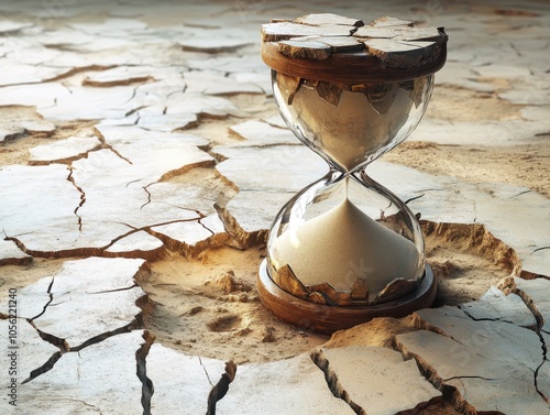 Hourglass sitting on a cracked surface with a cracked floor