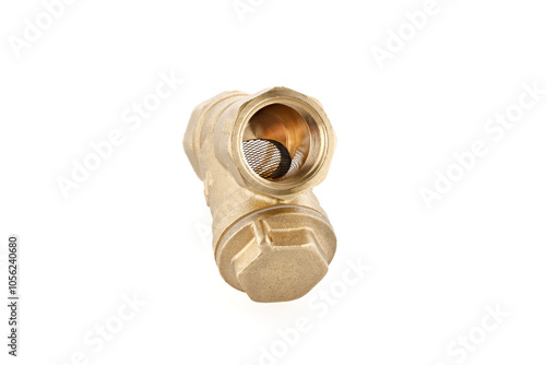 Coarse water filter for plumbing works, material - brass. Full depth of field.