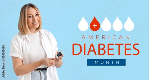 Woman using glucometer on blue background. Banner for American Diabetes Month