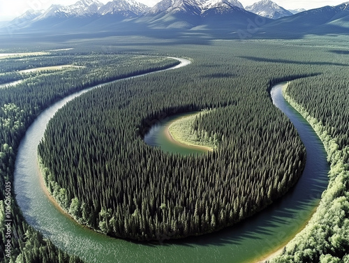 "Aerial View of Northern Taiga: An Expansive Emerald Sea of Coniferous Forests and Untouched Wilderness, Capturing Nature's Majesty from Above