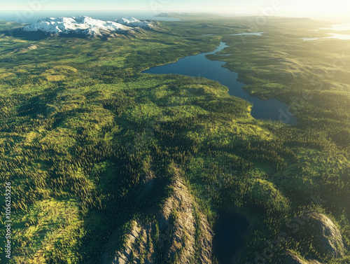 "Aerial View of Northern Taiga: An Expansive Emerald Sea of Coniferous Forests and Untouched Wilderness, Capturing Nature's Majesty from Above