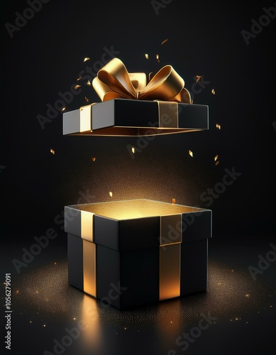 black gift box with gold ribbon on black background