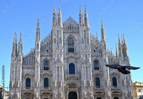 a dove flies in front of the Milan Cathedral, officially the Metropolitan Cathedral of the Nativity of the Blessed Virgin Mary, is the cathedral of the Archdiocese of Milan 