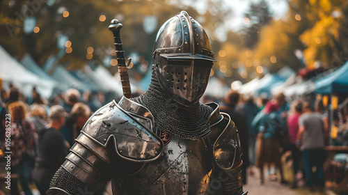 A knight in armor at an outdoor festival, wearing a metal chestplate and helmet with a visor, walking through the crowd of stalls selling medieval goods, Generative AI