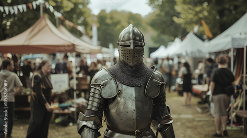 A knight in armor at an outdoor festival, wearing a metal chestplate and helmet with a visor, walking through the crowd of stalls selling medieval goods, Generative AI 