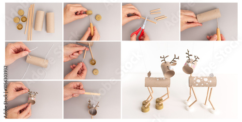 Step-by-step tutorial for creating DIY reindeer puppets using cardboard tubes, wooden sticks, and bottle caps. Collage showing assembly process from materials to finished craft.