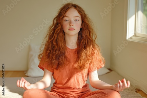 Ginger Woman Relaxing in Yoga Lotus Pose During Home Exercise