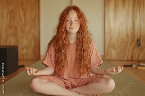 Ginger Woman Relaxing in Yoga Lotus Pose During Home Exercise