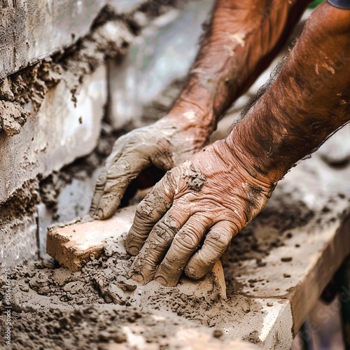 Closeup of the weathered calloused hands of a hardworking construction worker digging into the muddy soil at a building site