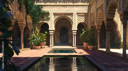 A serene courtyard with intricately carved arches and reflecting pools. Moorish Courtyard. Illustration