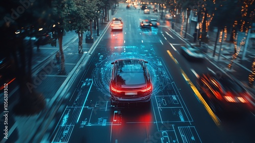 A car driving down a city street with a blue digital overlay.